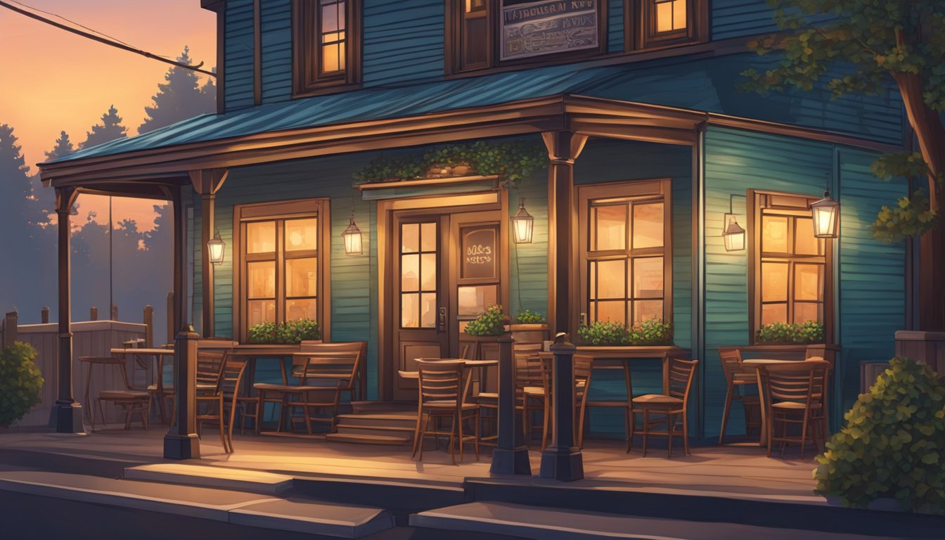 A cozy, rustic cafe with a welcoming atmosphere, featuring a front porch with rocking chairs, a chalkboard menu, and a vintage neon sign