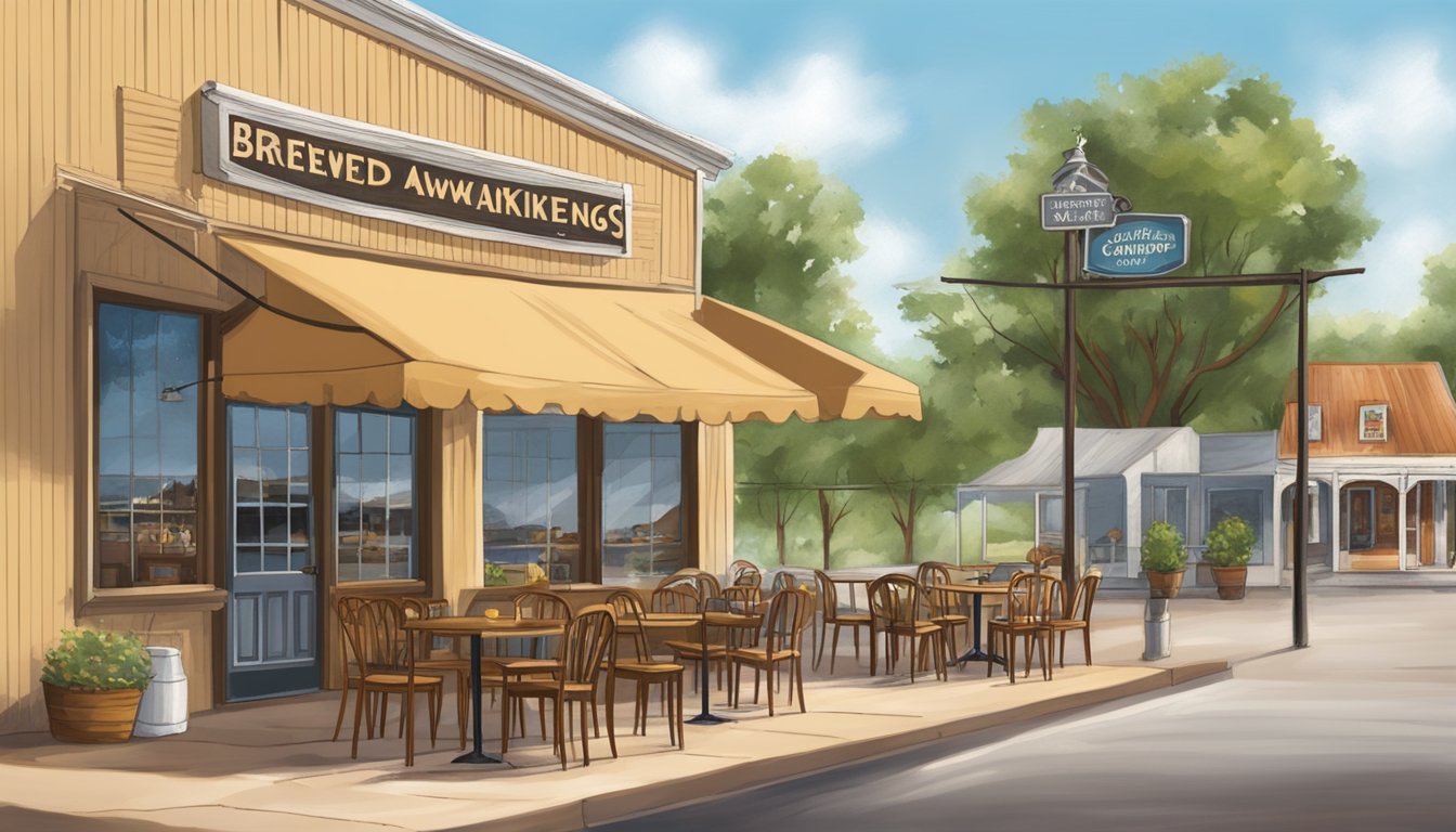 A cozy cafe in small town Texas, with outdoor seating and a welcoming sign for "Brewed Awakenings, El Campo Southern Comfort."