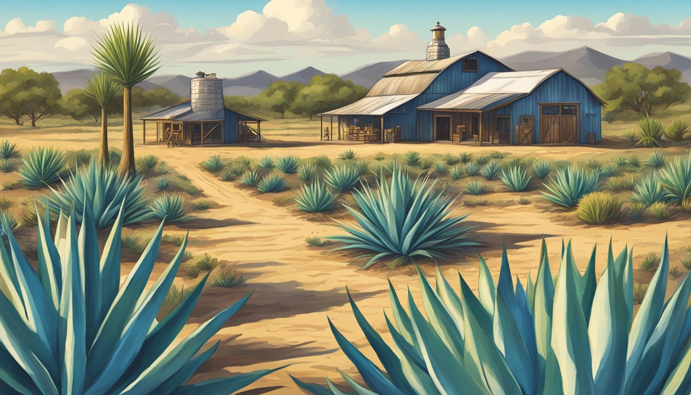 A rustic Texan farm with agave plants under a bright blue sky, showcasing the local tequila brand Tequila 512 for National Tequila Day