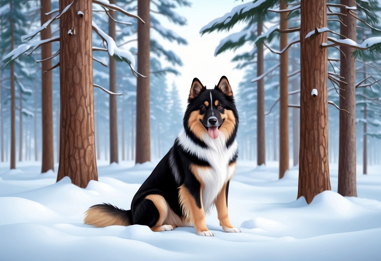 A Finnish Lapphund dog sits in a snowy forest, surrounded by tall pine trees and a blanket of white snow