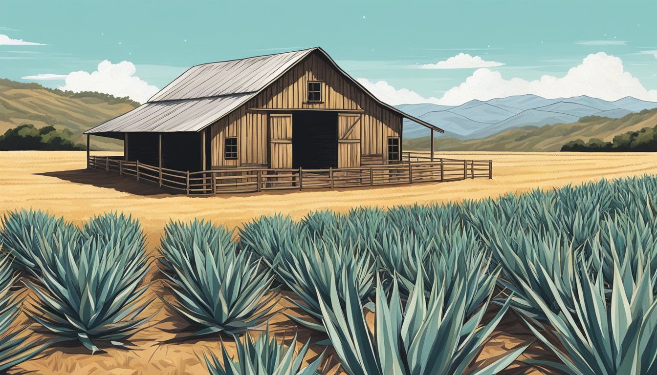 A rustic Texan barn with rows of agave plants under a bright sun, surrounded by rolling hills and a clear blue sky