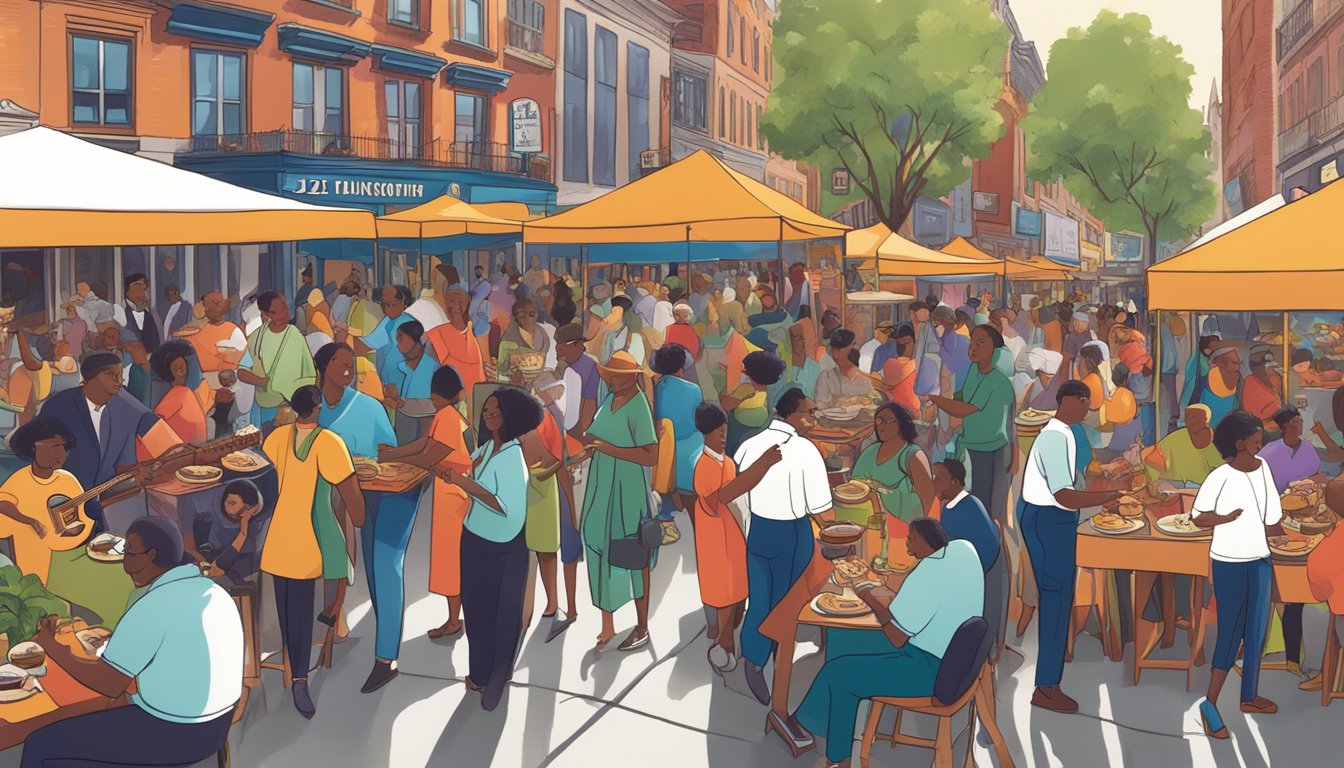 A bustling jazz festival with 10 diverse restaurants serving up elevated culinary experiences, creating a vibrant connection between music and food