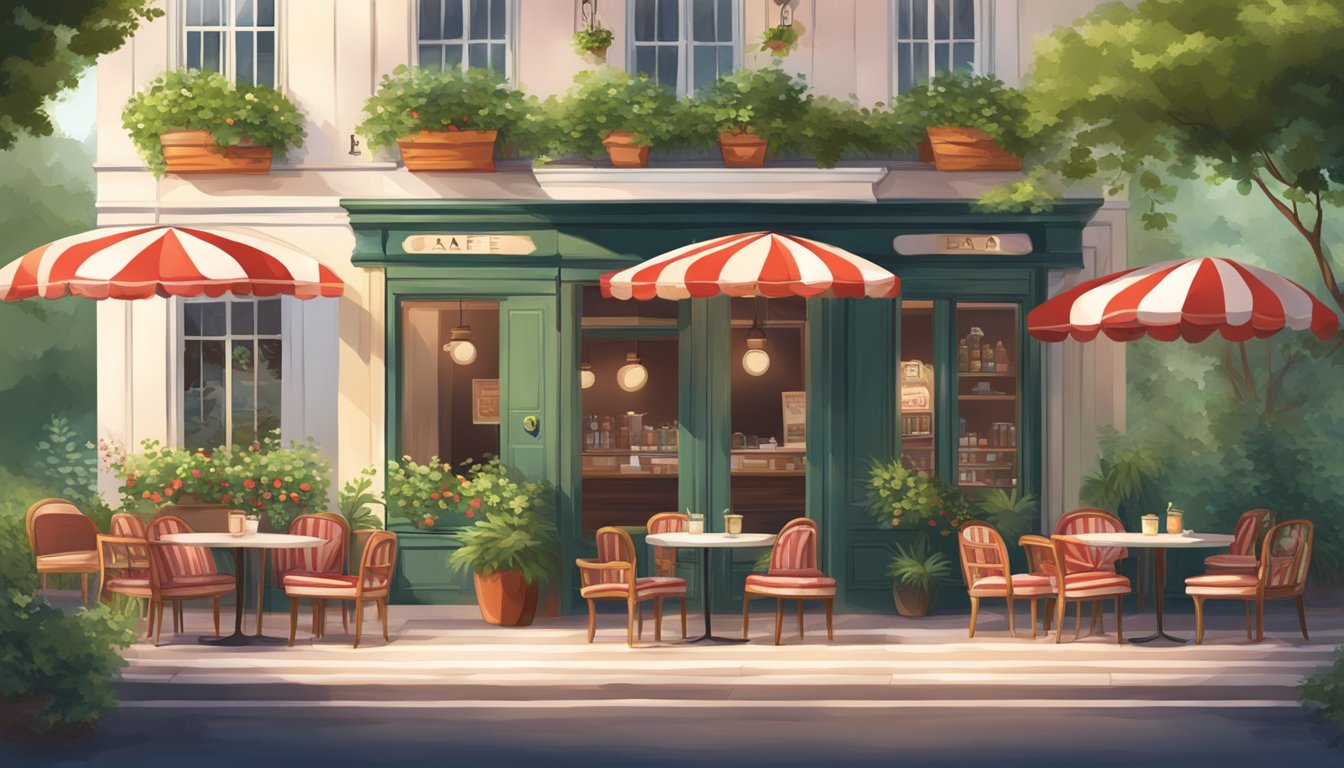 A cozy, vintage-style cafe with a red and white striped awning, surrounded by lush greenery and a warm, inviting atmosphere