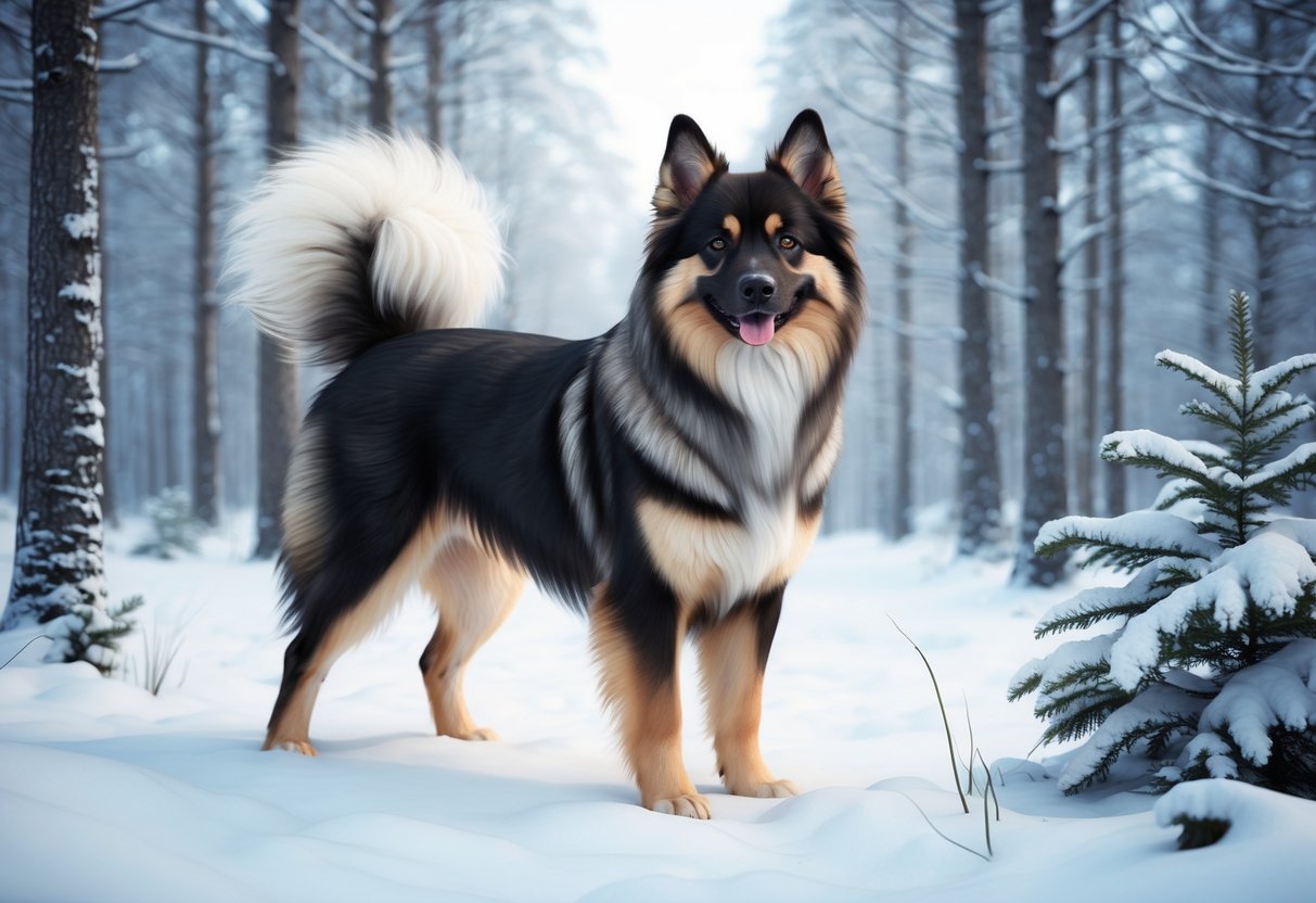 A Finnish Lapphund dog standing proudly in a snow-covered forest, with a thick double coat, pointed ears, and a bushy tail