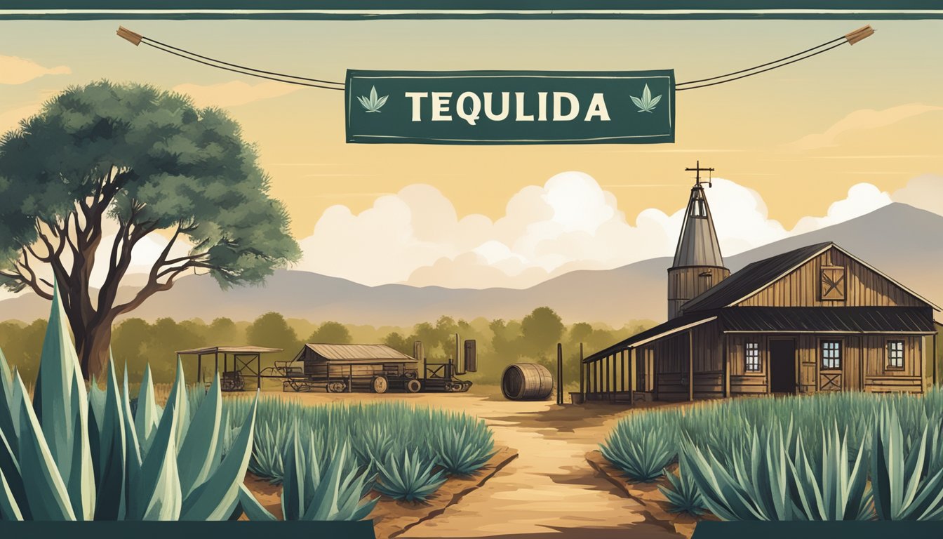 A rustic Texan farm with agave plants in the foreground, a small distillery in the background, and a banner celebrating National Tequila Day