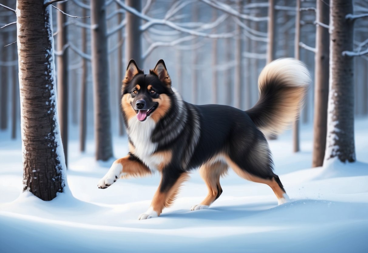 A Finnish Lapphund dog plays happily in a snowy forest, wagging its tail and looking alert