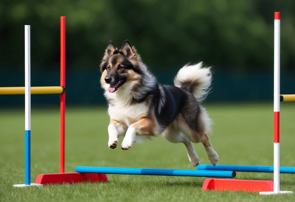 A Finnish Lapphund dog running through an agility course, jumping over hurdles and weaving through poles