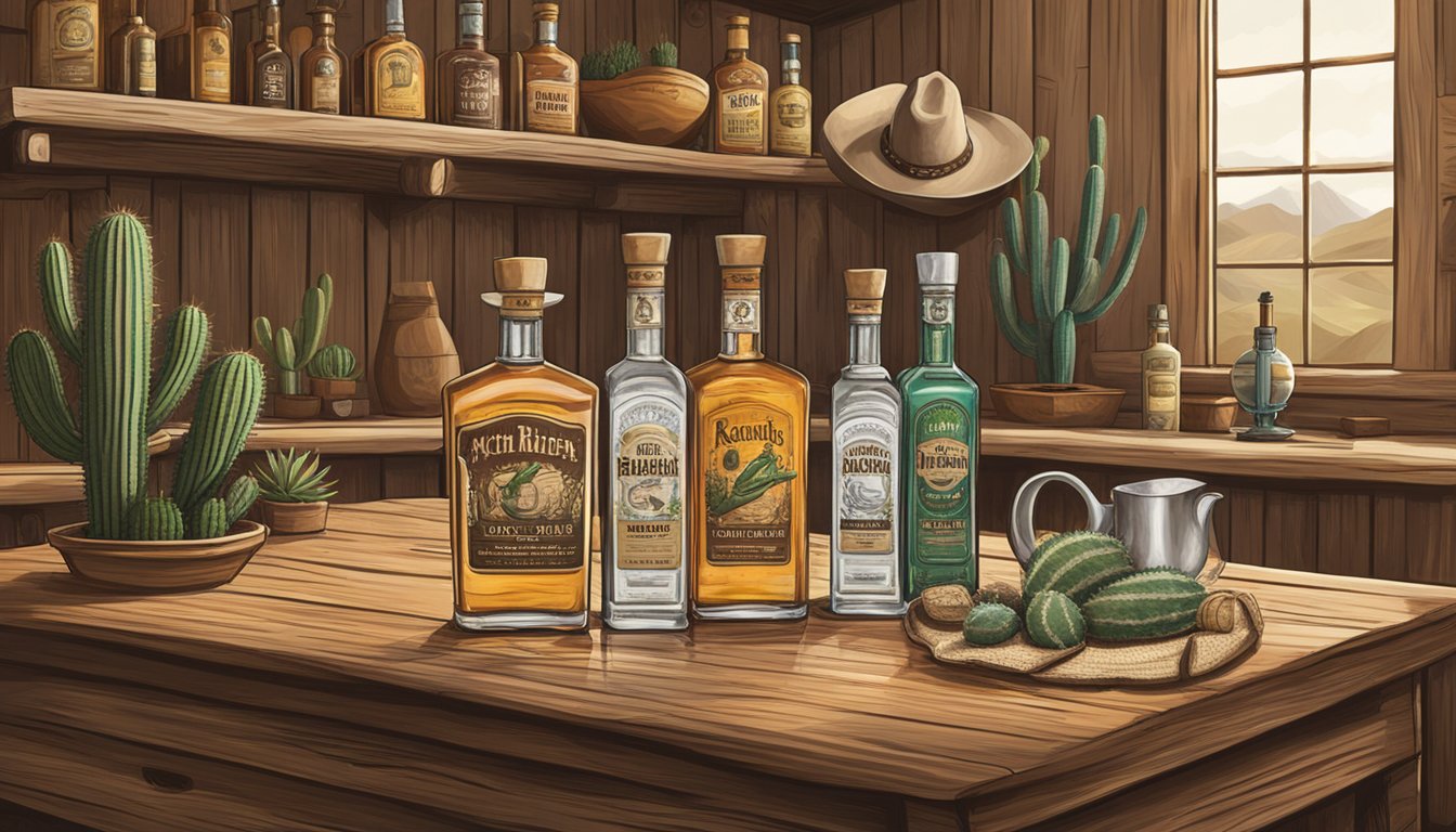 A rustic Texas ranch setting with cacti and a cowboy hat, featuring bottles of Ranch Rider Spirits tequila displayed on a wooden table