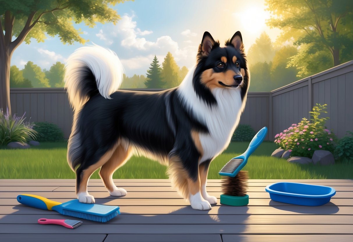 A Finnish Lapphund dog being brushed and groomed on a sunny day in a peaceful backyard setting