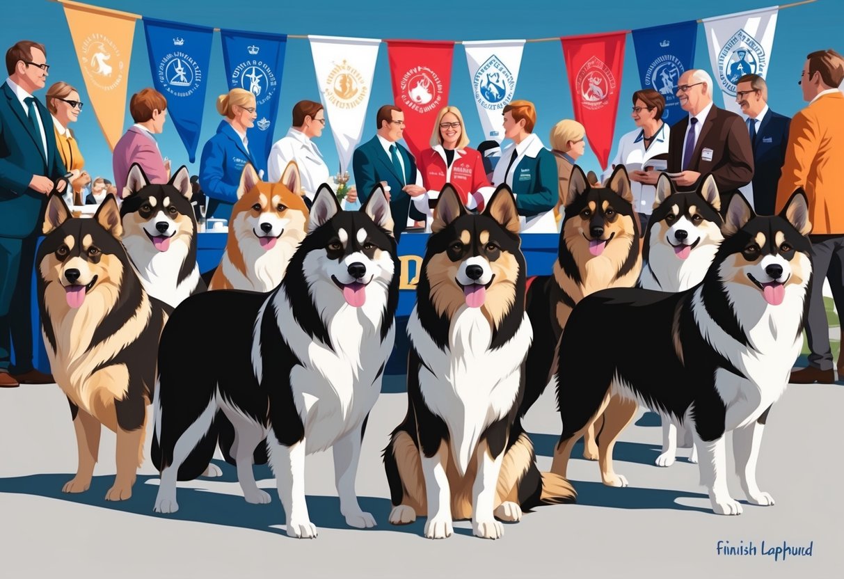 A group of Finnish Lapphund dogs gather at a breed organization event, with club banners and members mingling in the background