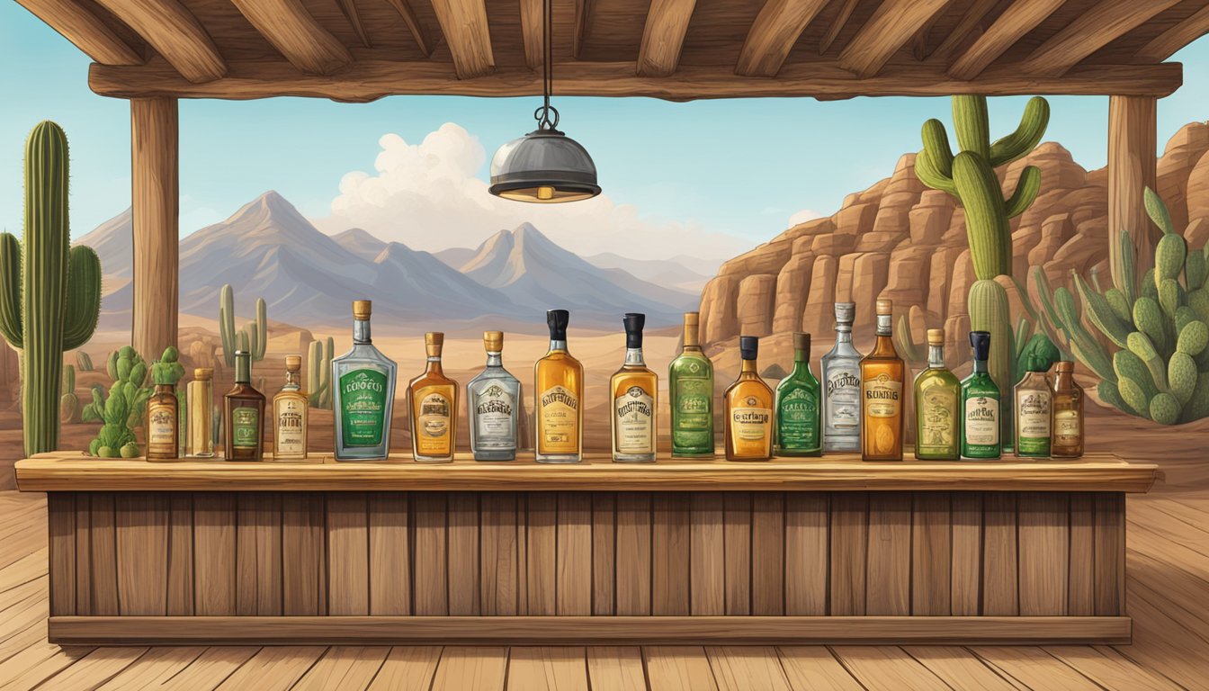 A rustic wooden bar adorned with bottles of Seven Caves Spirits Tequila, surrounded by cacti and desert landscape