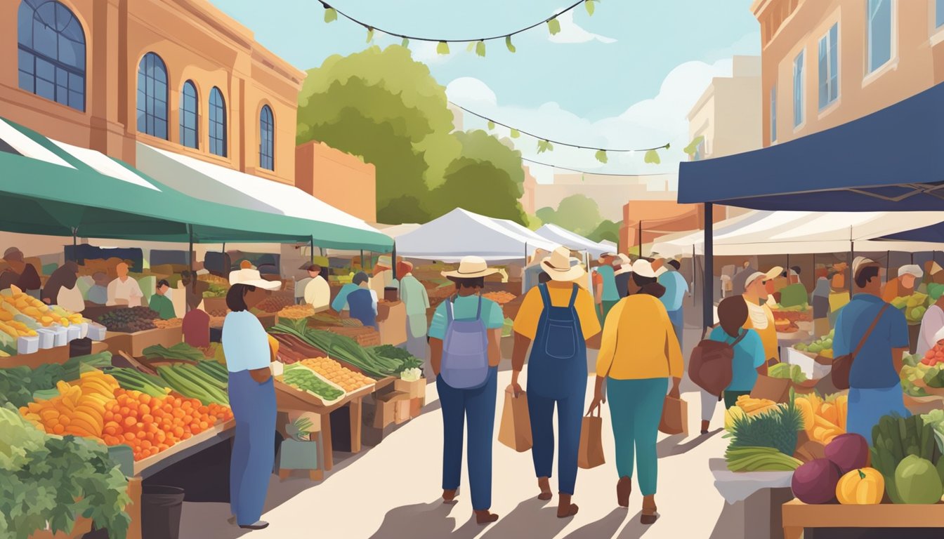 A bustling farmers market with colorful stalls showcasing locally made artisan food products from Texas