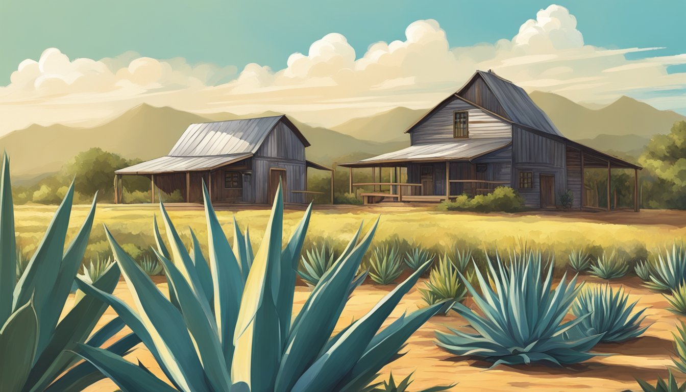 A rustic Texan farm with agave plants under a sunny sky