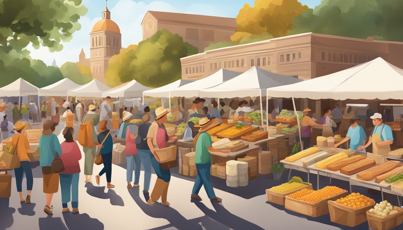 A bustling farmers market with vendors selling a variety of artisanal food products from Texas, including local honey, preserves, cheeses, and baked goods