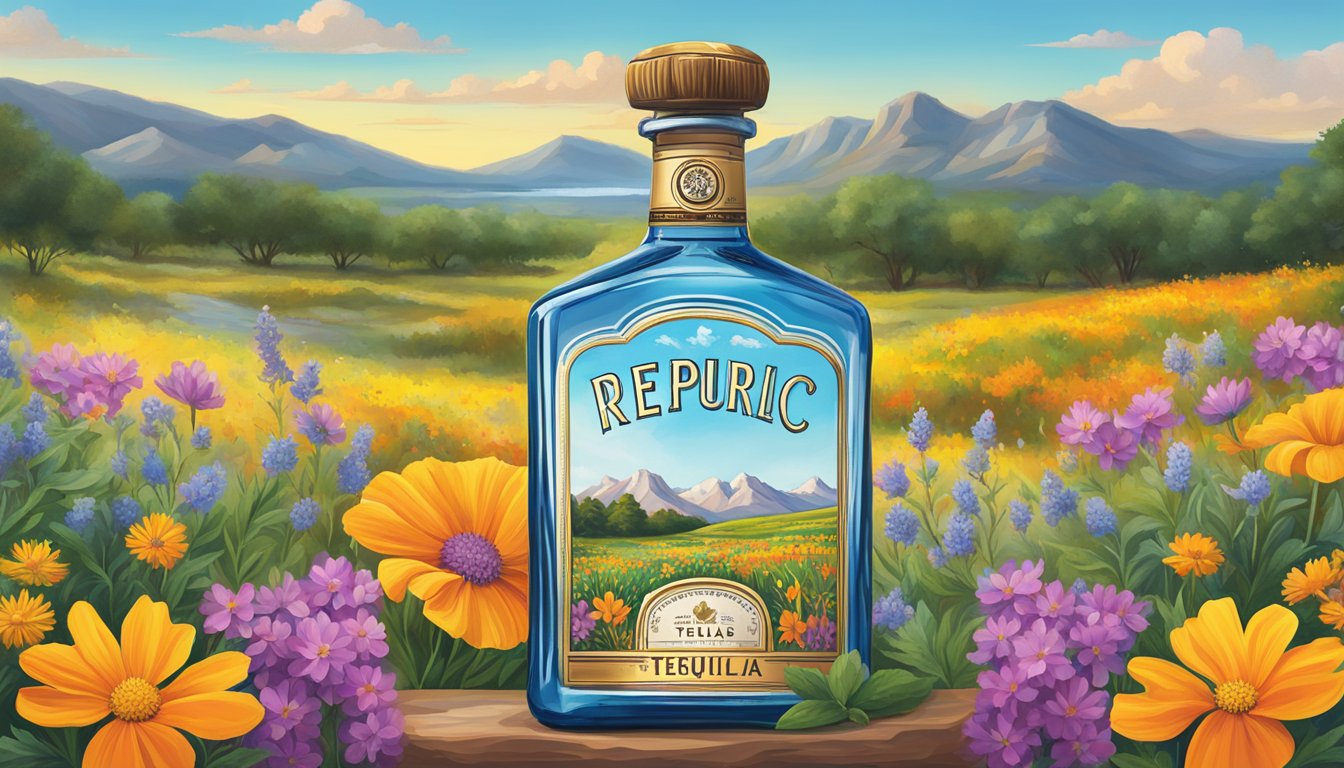 A bottle of Republic Tequila surrounded by vibrant Texas wildflowers