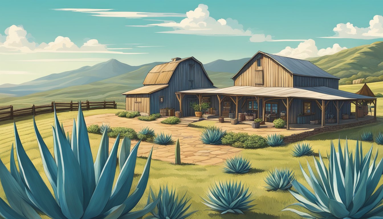 A rustic Texan farm with agave plants under a bright blue sky, surrounded by rolling hills and a small distillery in the background