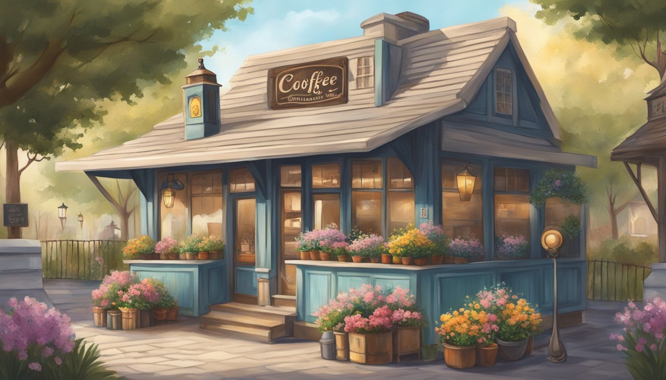 A cozy cafe with a rustic exterior, surrounded by blooming flowers and a welcoming outdoor seating area. A vintage coffee mill adorns the entrance, adding to the charm of the small town cafe