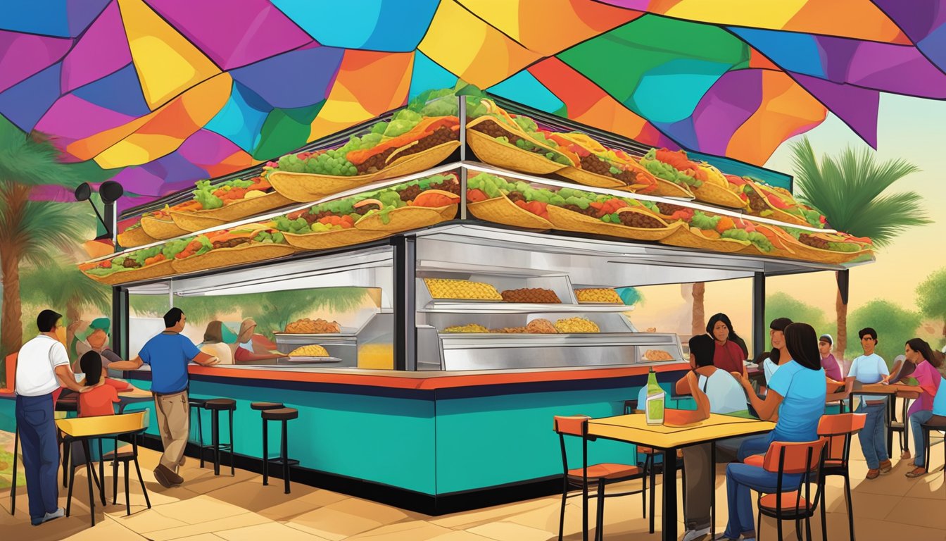 A colorful and bustling taco stand at Taco Olé in McAllen, with a lively atmosphere and a variety of delicious taco options