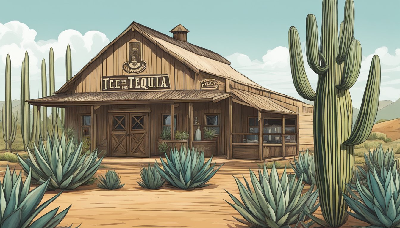 A rustic Texan farm with agave plants, a distillery, and bottles of Calle 23 Tequila on display for National Tequila Day