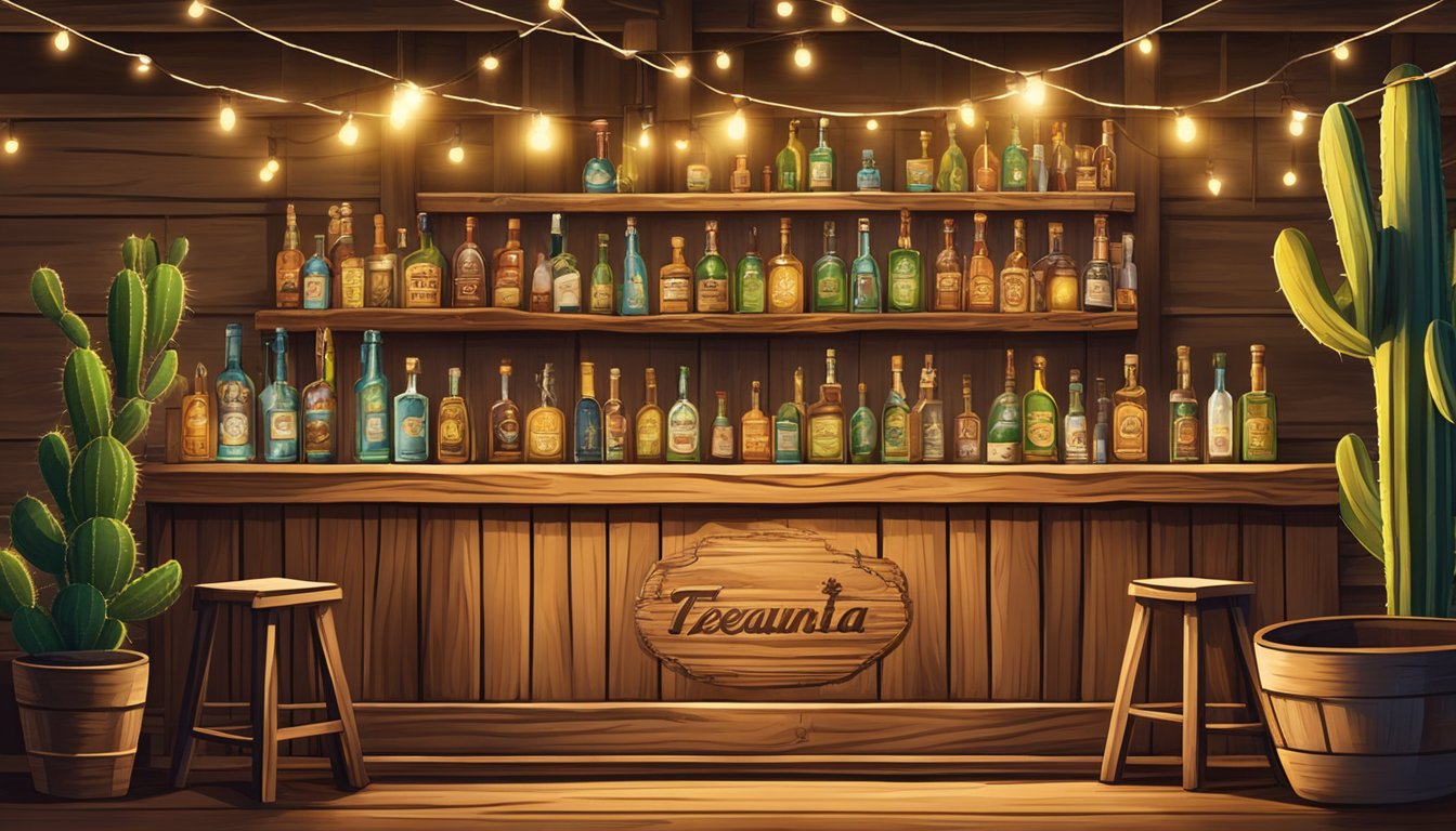 A rustic wooden bar adorned with bottles of Texan tequila, surrounded by cacti and cowboy hats, under the warm glow of string lights