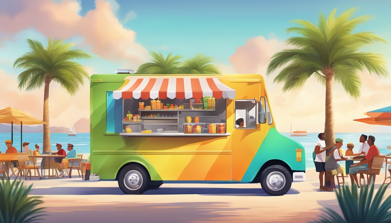 A colorful food truck surrounded by palm trees and eager customers in a lively outdoor setting