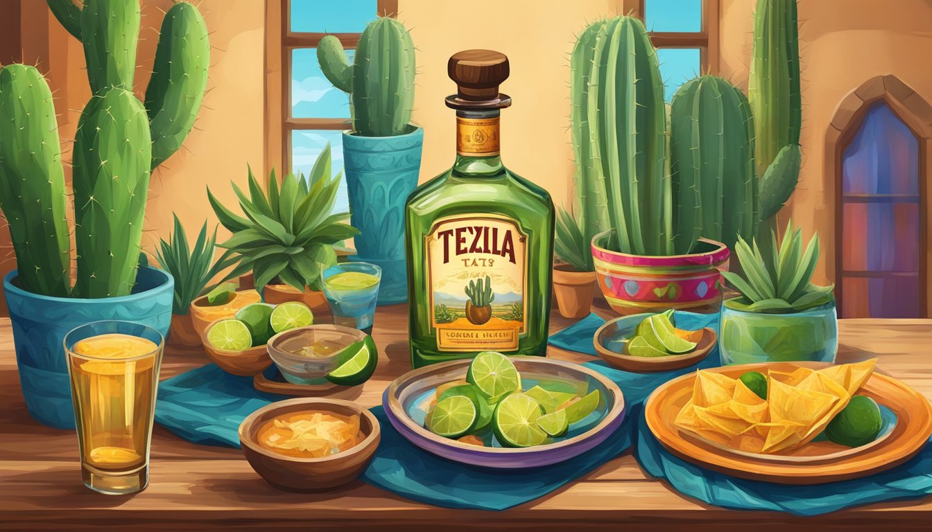 A table set with Texan tequilas and traditional cuisine, adorned with cacti and vibrant colors, ready for a National Tequila Day celebration