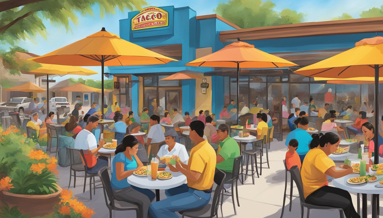 A bustling outdoor patio at Taco Palenque in Pharr, with colorful umbrellas, sizzling grills, and customers enjoying their tacos