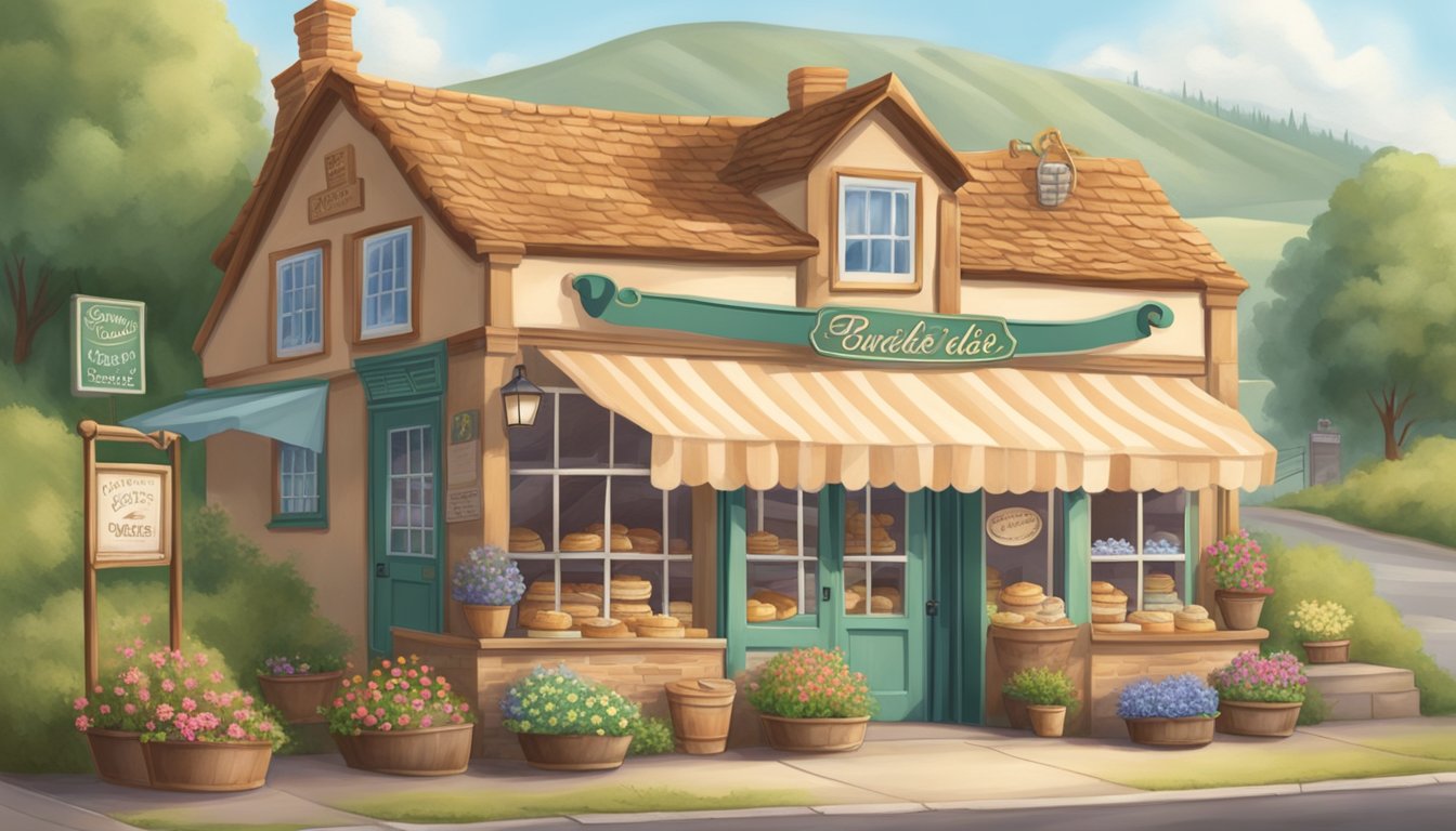 A quaint bakery nestled among rolling hills, with a charming storefront and inviting aroma of freshly baked goods wafting through the air