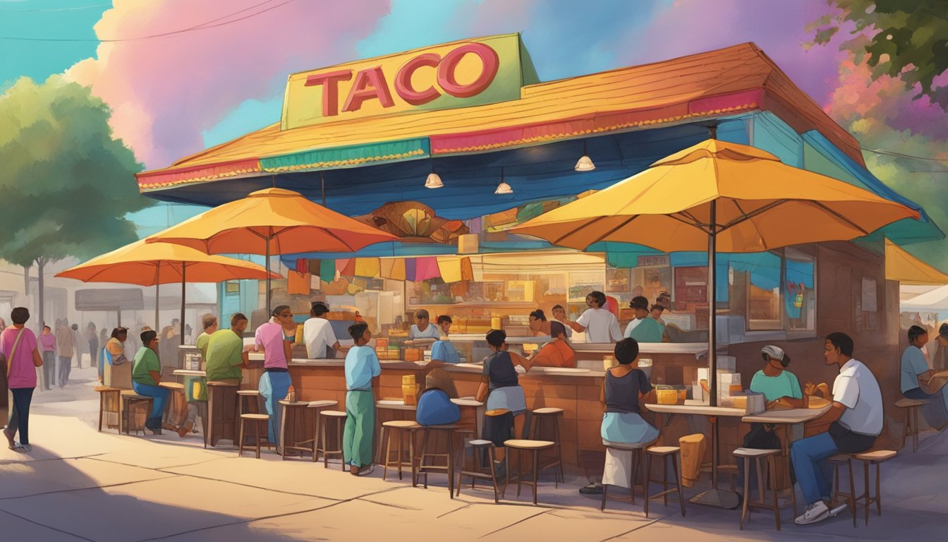 A bustling outdoor taco stand in Brownsville, with colorful umbrellas and lively music, surrounded by eager customers