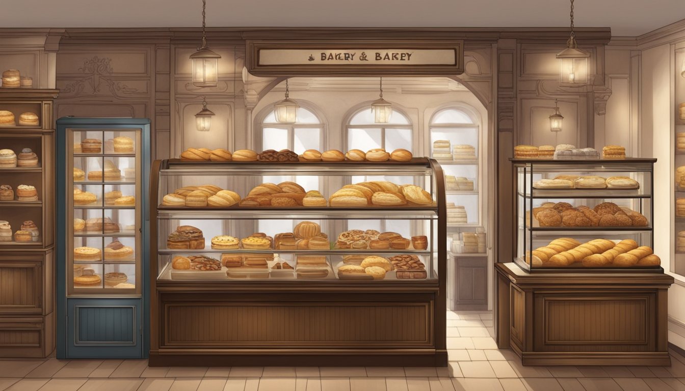 A quaint bakery with rustic charm, filled with the aroma of fresh bread and pastries. A display case showcases an array of delectable treats