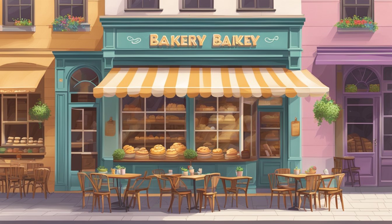 A cozy bakery with a rustic storefront, colorful awnings, and a bustling outdoor patio filled with customers enjoying fresh pastries and coffee