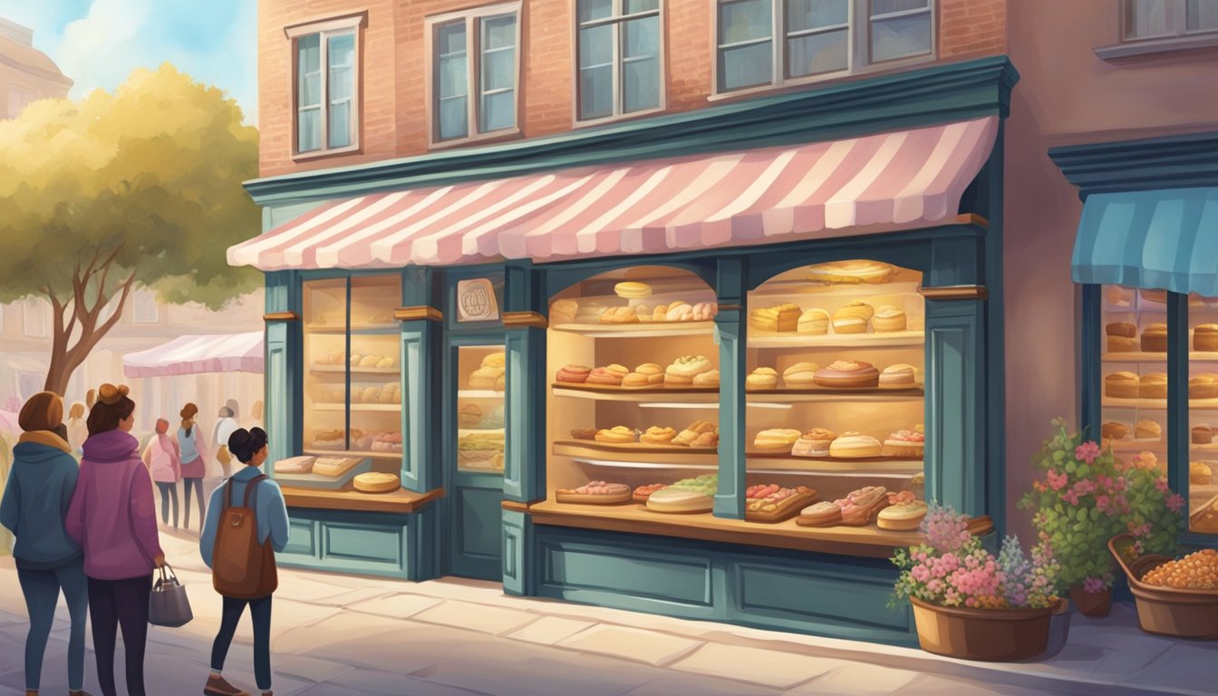 A quaint, bustling bakery filled with a colorful array of freshly baked goods, including pastries, cakes, and breads. The aroma of sweet treats fills the air as customers line up to make their selections