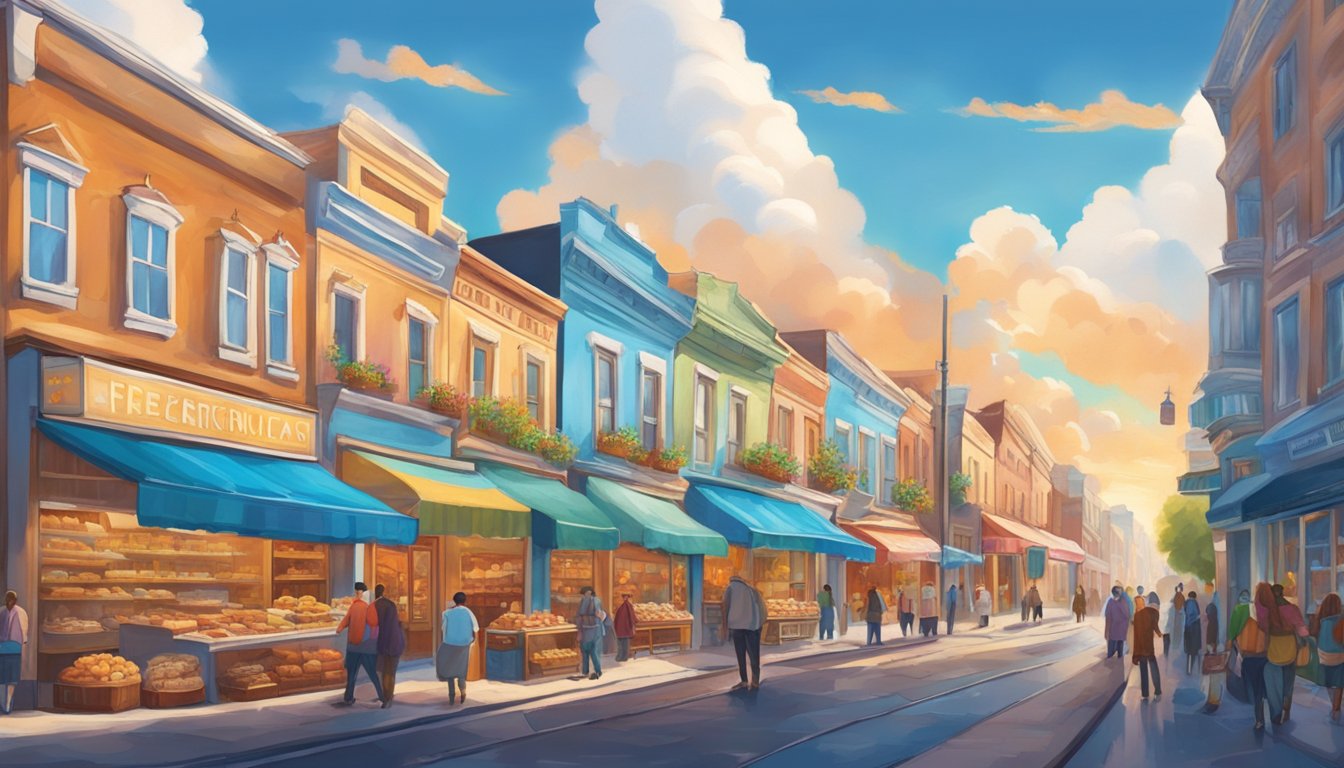 A bustling street lined with colorful storefronts, each emitting the warm, sweet aroma of freshly baked goods. The sky above is a brilliant blue, dotted with fluffy white clouds