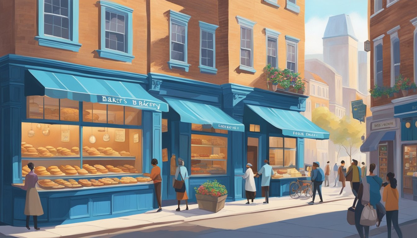 A bustling street lined with colorful storefronts, each exuding the warm scent of freshly baked goods. A sign reading "Blue Baker's Bakery Tour" hangs above a figure eagerly exploring the area