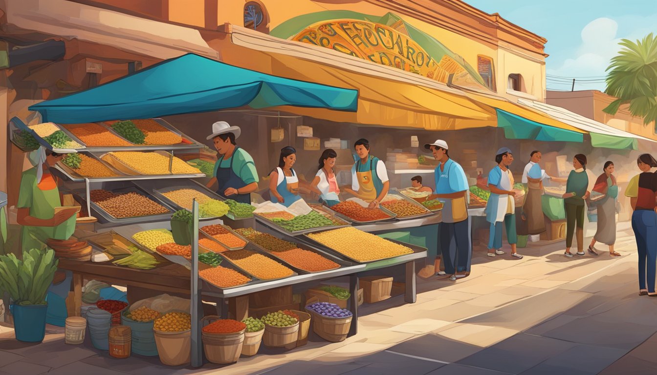 Vibrant market stalls display fresh ingredients and spices in the bustling streets of the Rio Grande Valley, evoking the rich and authentic flavor profiles of traditional tacos