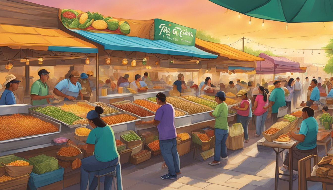 Vibrant food vendors line the bustling market streets, showcasing an array of colorful and aromatic taco offerings in the lively atmosphere of the Rio Grande Valley