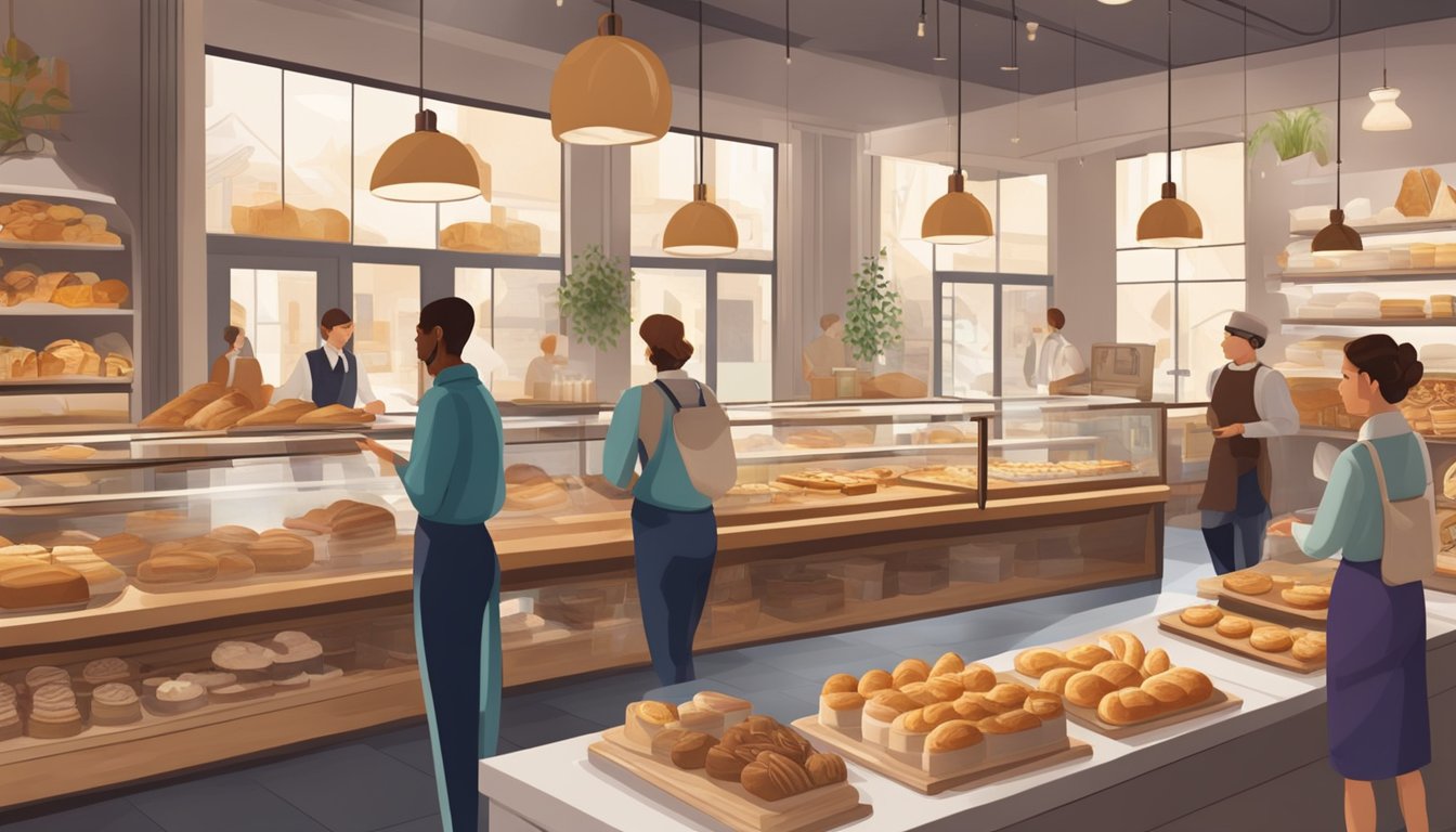 A bustling bakery with modern decor and a display of artisanal breads, pastries, and cakes. Customers chat with enthusiastic staff while savoring the aroma of freshly baked goods