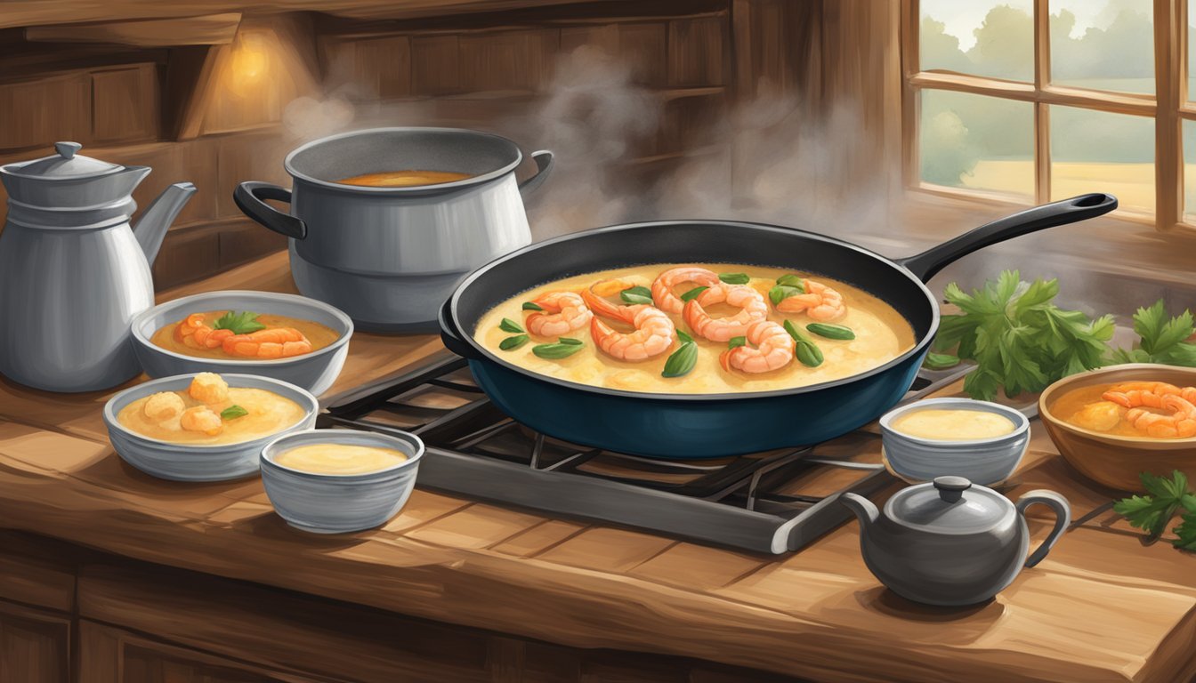 A rustic Texas kitchen with a steaming pot of creamy grits and a sizzling skillet of plump, seasoned shrimp. A warm, inviting atmosphere with a hint of Southern charm