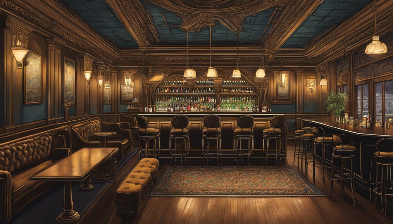 The Driskill Bar in Austin, Texas: a dimly lit, ornate space with plush seating, a long bar, and vintage decor