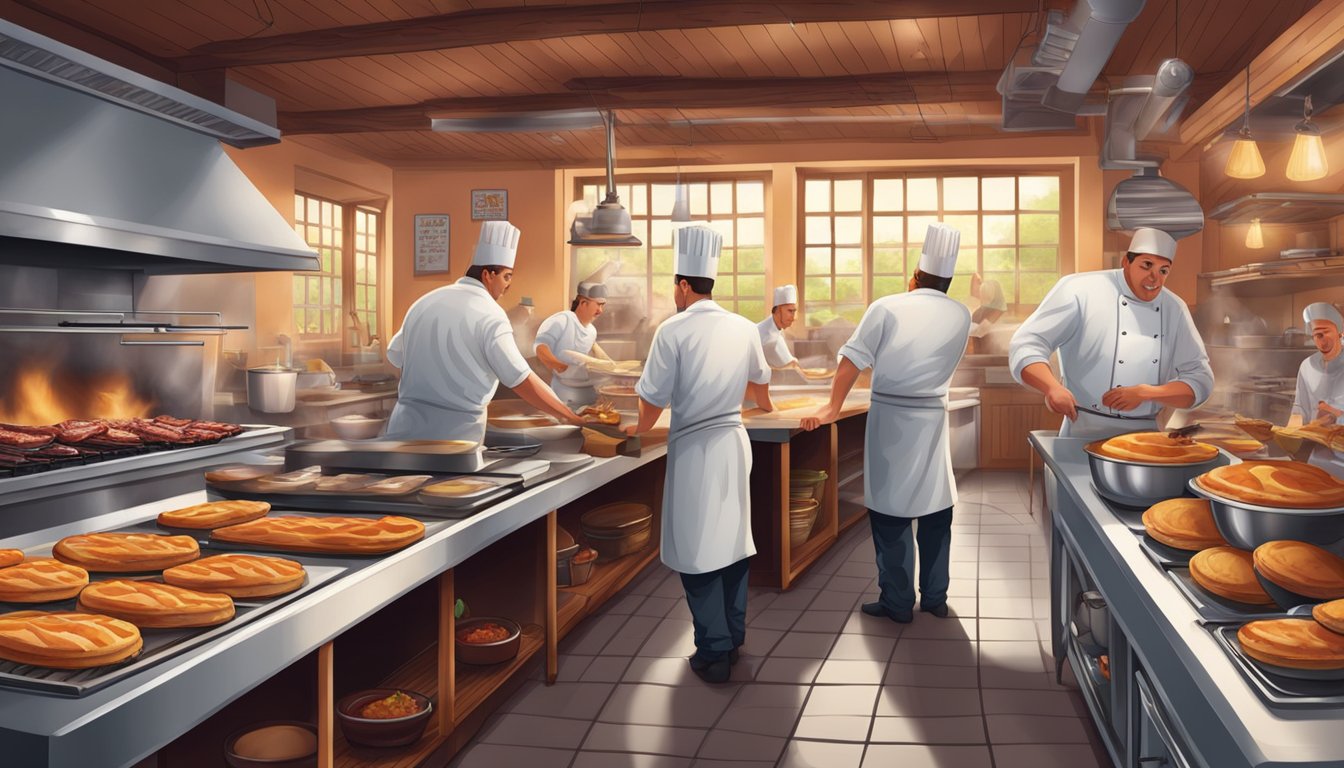 A bustling Texas restaurant kitchen with chefs cooking up traditional country dishes amidst the aroma of sizzling bacon and freshly baked pies