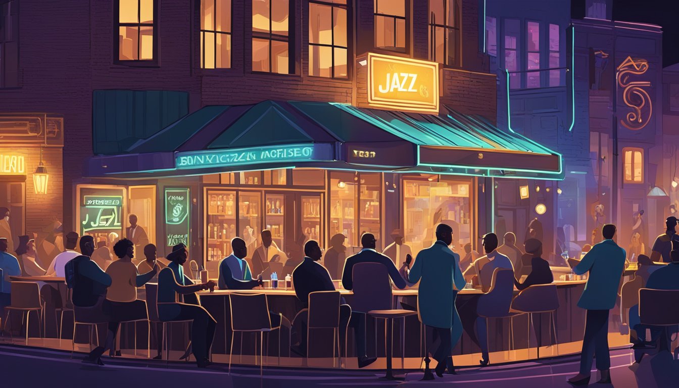 A bustling jazz club with a neon sign, live music, and people enjoying drinks and conversation