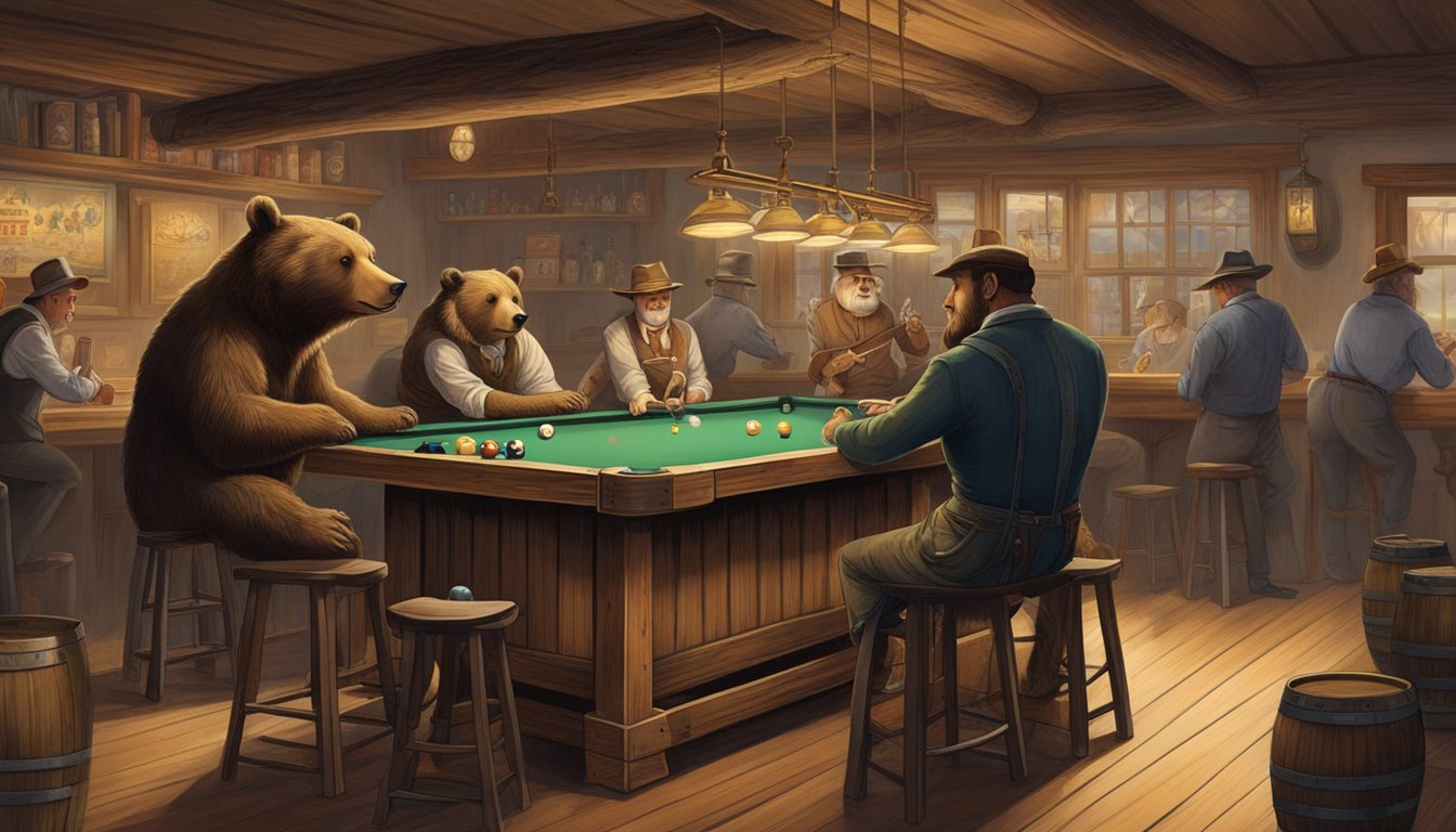 An old-fashioned saloon with a large wooden bar, vintage whiskey barrels, and patrons playing pool, all under the watchful gaze of a taxidermy bear