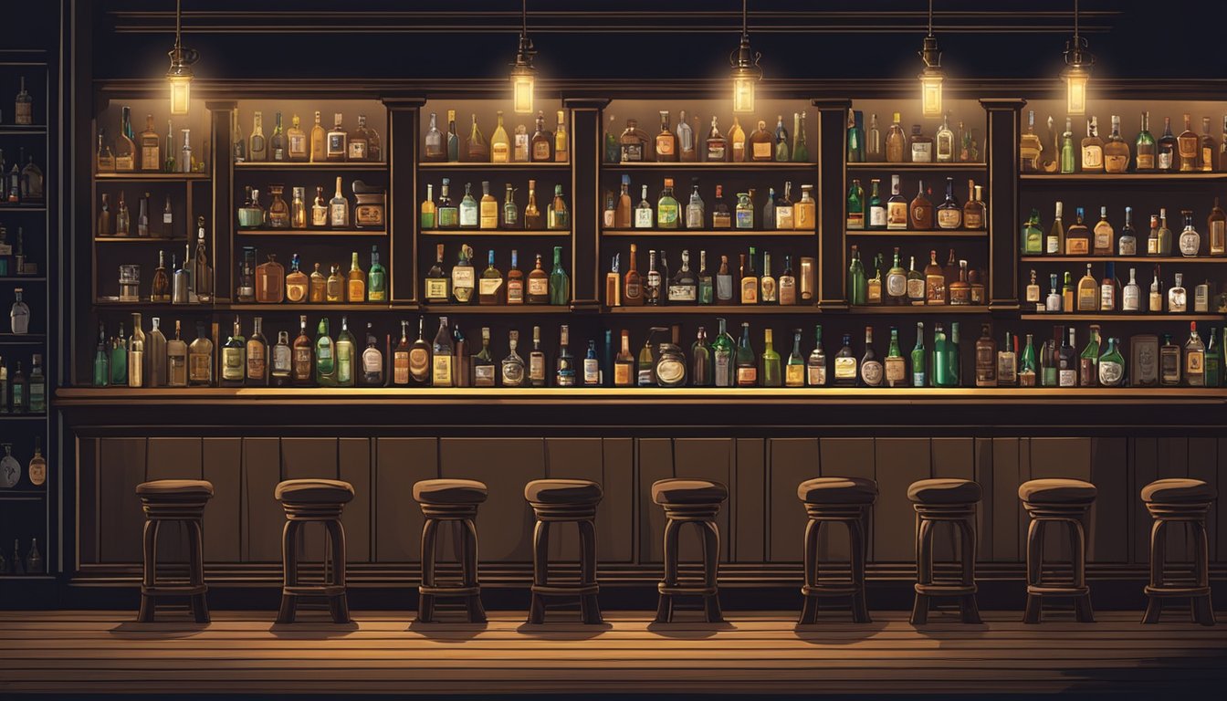 A dimly lit bar with vintage decor and a long wooden counter. Shelves lined with assorted liquor bottles. Patrons seated at high stools