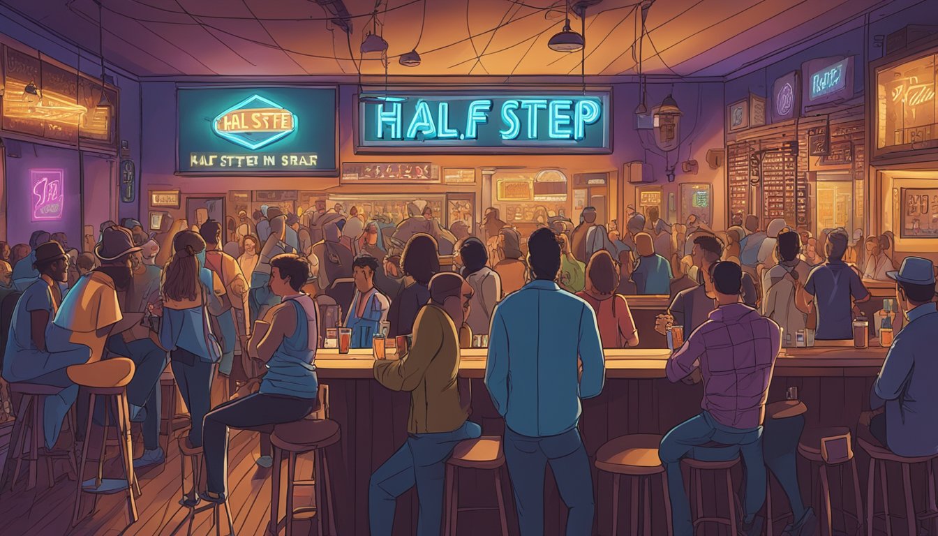 A bustling bar in Austin, Texas, with a neon sign reading "Half Step" and a crowd of patrons enjoying live music and cocktails