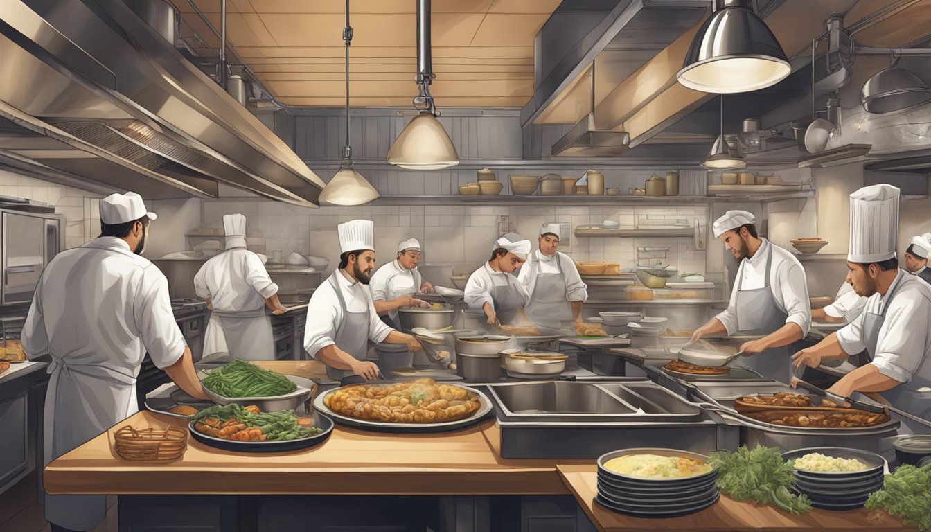 A bustling Texas restaurant kitchen, filled with chefs expertly preparing traditional country dishes with skill and passion