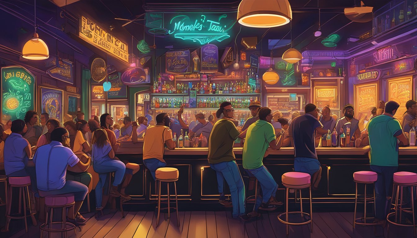 A bustling bar in Houston, Monkey's Tail, with neon signs, lively patrons, and a vibrant atmosphere