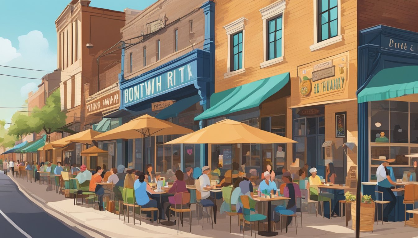 A bustling street lined with diverse restaurants, each with unique signage and colorful outdoor seating, as locals and tourists alike explore the culinary delights of Fort Worth, Texas