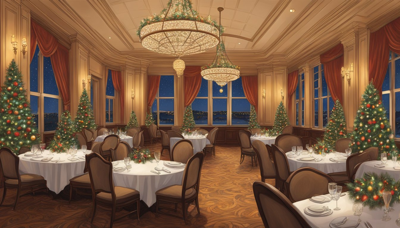 A grand, elegant dining room at The Driskill Grill, adorned with festive decor and filled with the warm glow of holiday lights