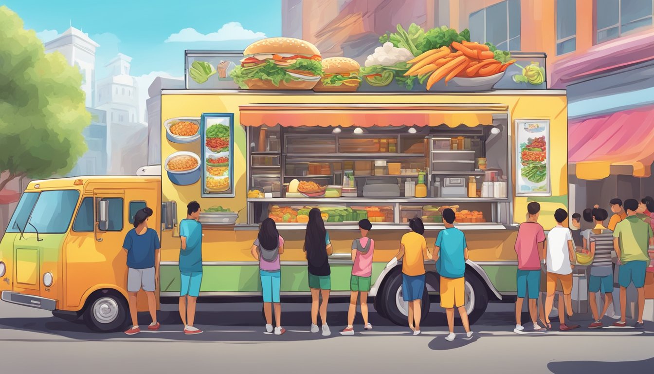 A colorful food truck surrounded by a bustling crowd, with delicious aromas wafting through the air and a vibrant sign reading "Pho Binh Trailer."