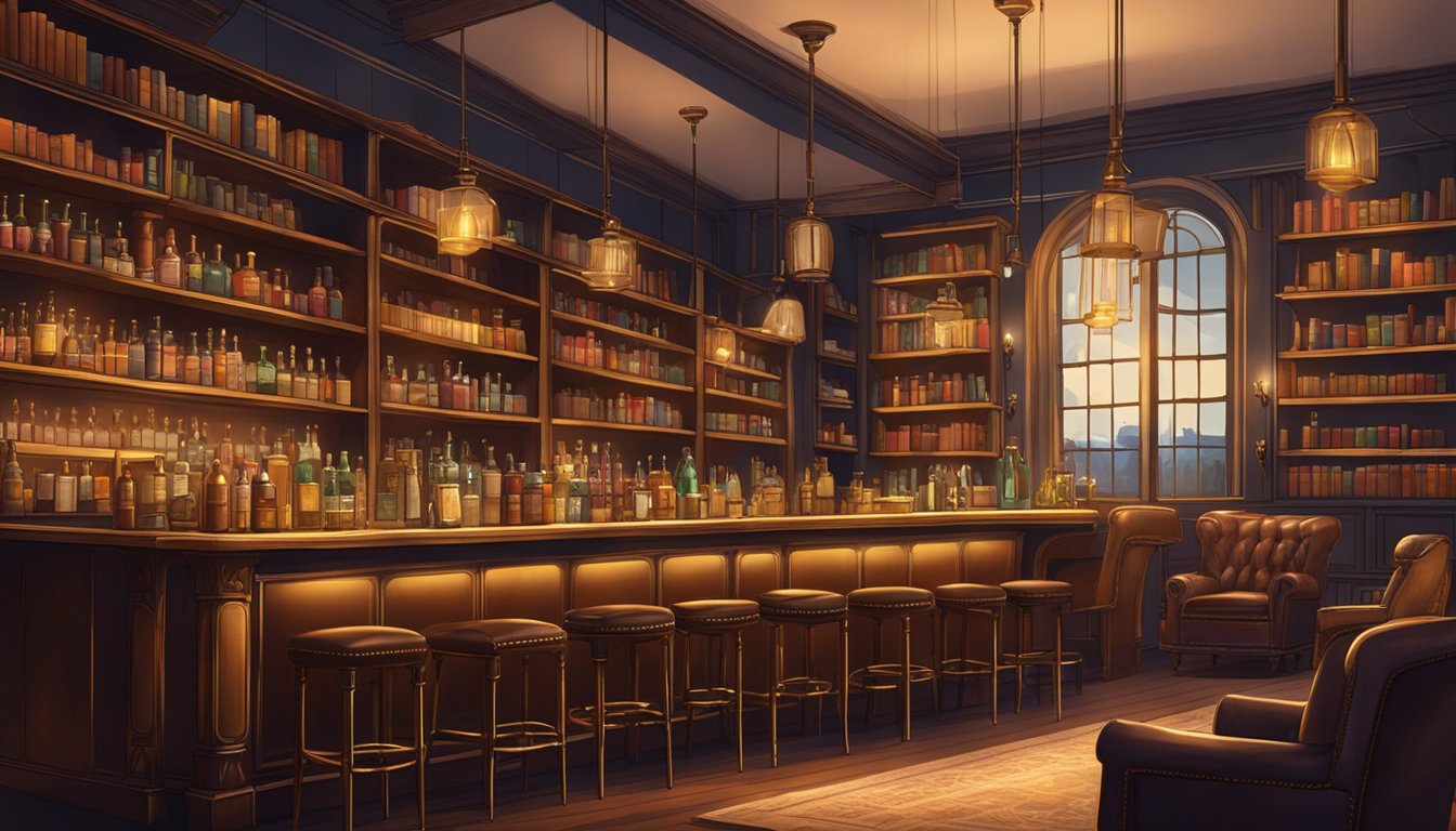 A cozy, dimly lit bar with shelves of books lining the walls, vintage leather armchairs, and a long wooden bar with brass fixtures